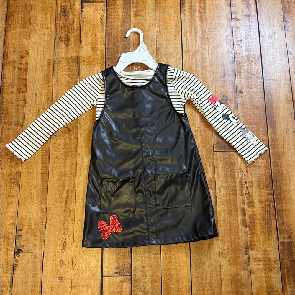 Disney Outfit Black White Striped Top faux leather romper 4T new never worn